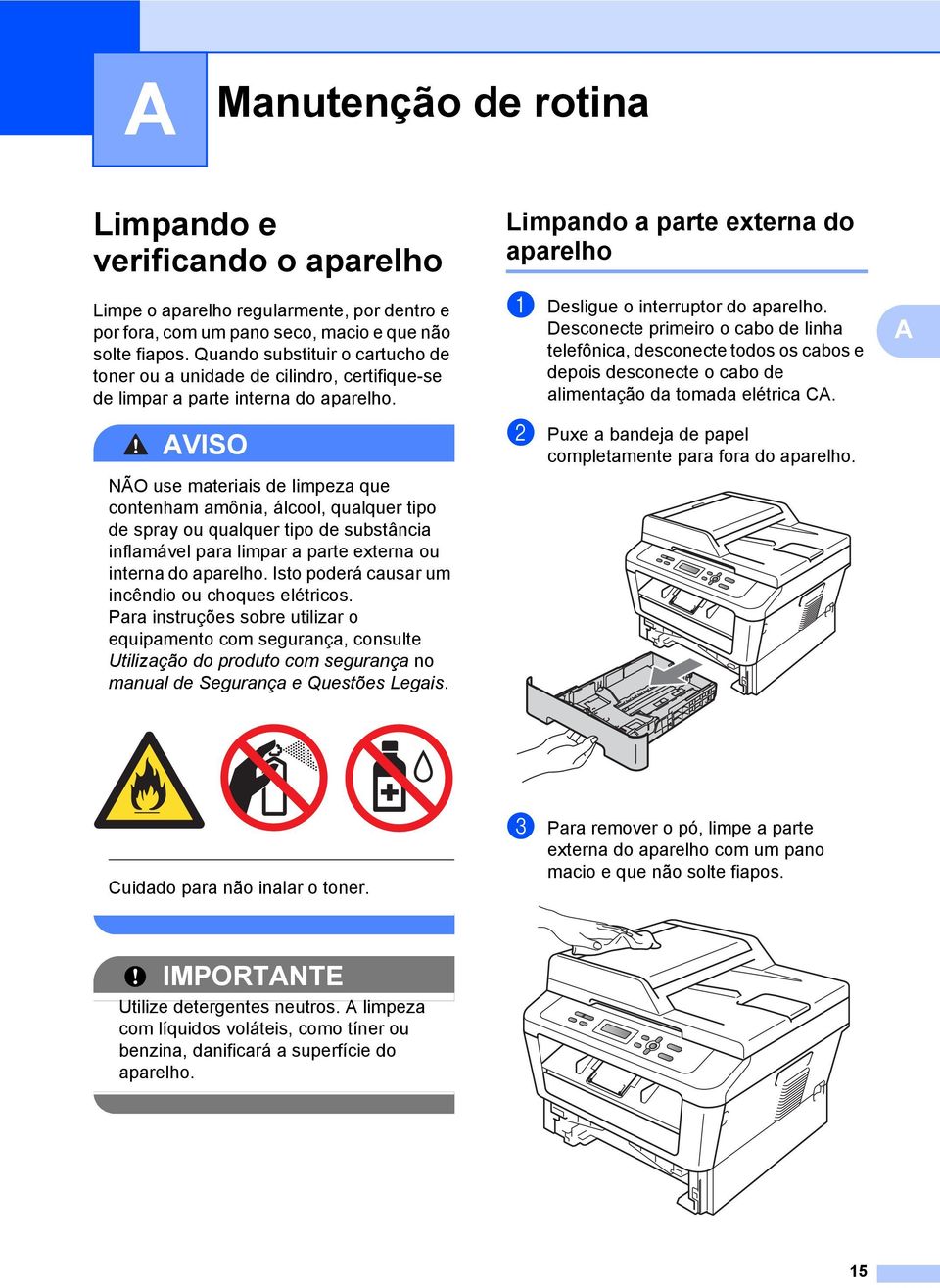 VISO NÃO use materiais de limpeza que contenham amônia, álcool, qualquer tipo de spray ou qualquer tipo de substância inflamável para limpar a parte externa ou interna do aparelho.