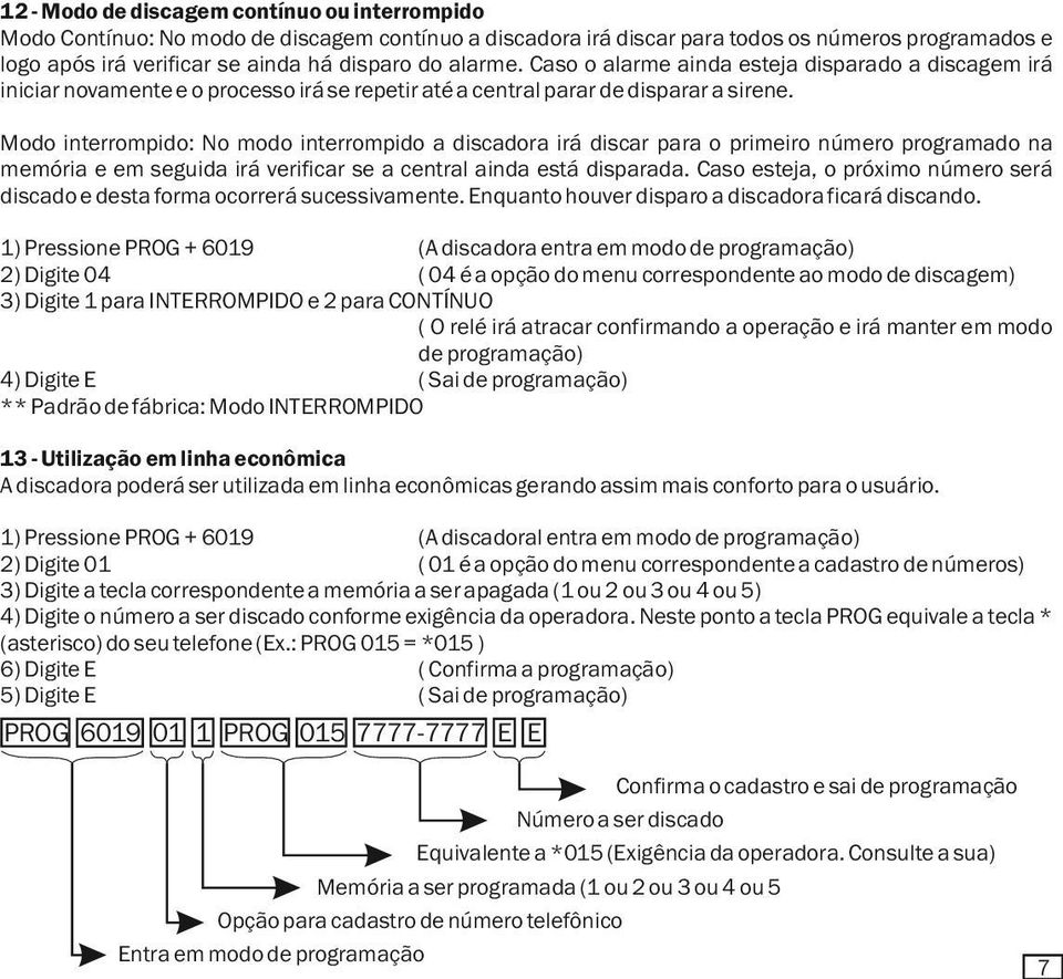 Modo interrompido: No modo interrompido a discadora irá discar para o primeiro número programado na memória e em seguida irá verificar se a central ainda está disparada.