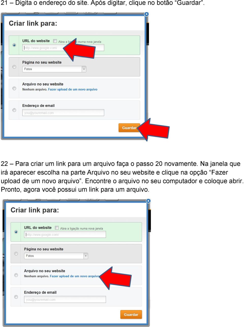 Na janela que irá aparecer escolha na parte Arquivo no seu website e clique na opção