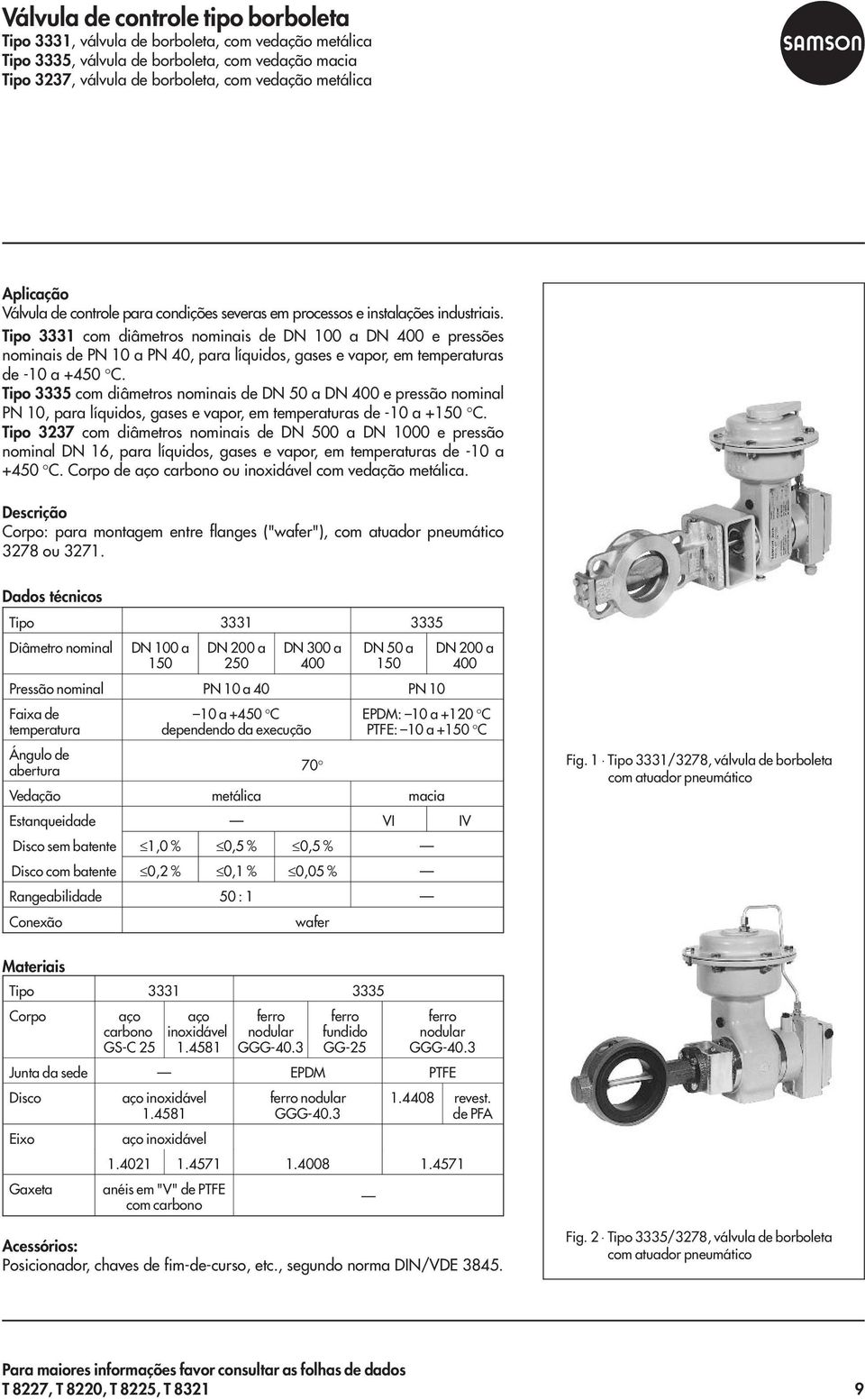 Tipo 3331 com diâmetros nominais de DN 100 a DN 400 e pressões nominais de PN 10 a PN 40, para líquidos, gases e vapor, em temperaturas de -10 a +450 C.