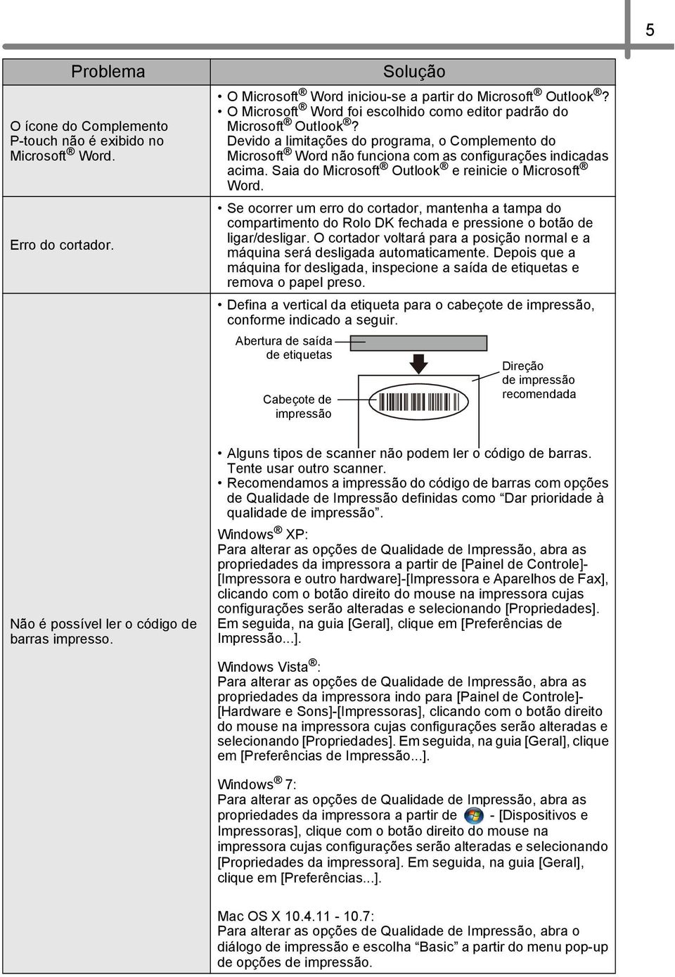 Saia do Microsoft Outlook e reinicie o Microsoft Word. Se ocorrer um erro do cortador, mantenha a tampa do compartimento do Rolo DK fechada e pressione o botão de ligar/desligar.