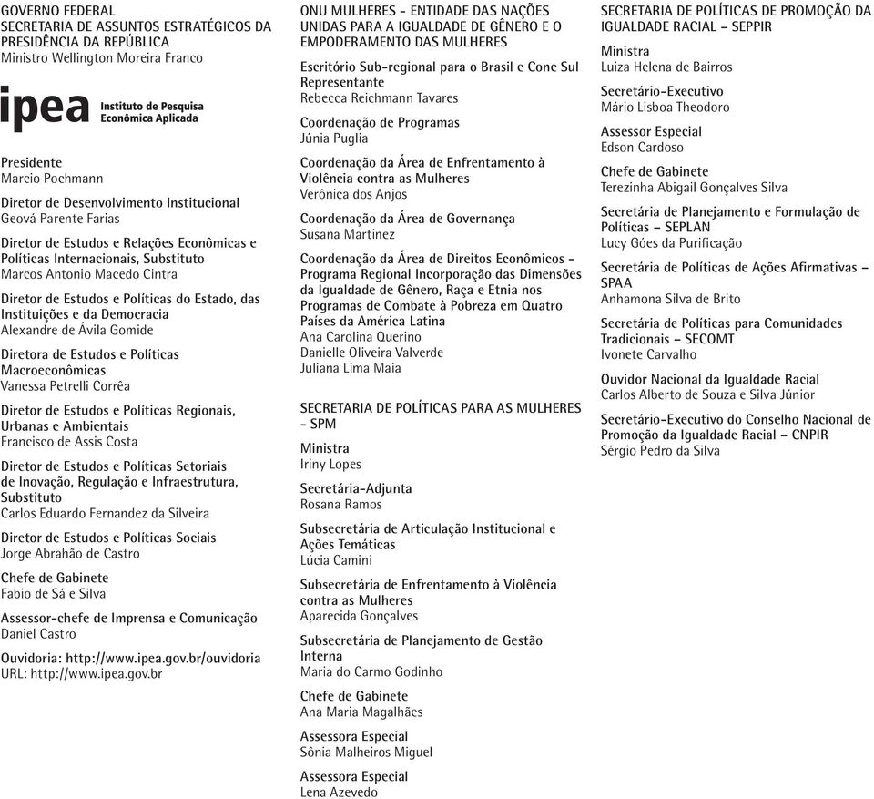 Alexandre de Ávila Gomide Diretora de Estudos e Políticas Macroeconômicas Vanessa Petrelli Corrêa Diretor de Estudos e Políticas Regionais, Urbanas e Ambientais Francisco de Assis Costa Diretor de