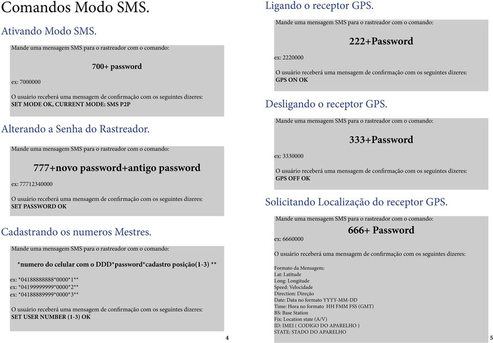 *numero do celular com o DDD*password*cadastro posição(1-3) ** ex: *04188888888*0000*1** ex: *04199999999*0000*2** ex: *04188889999*0000*3** SET USER NUMBER (1-3) OK Ligando o receptor GPS.