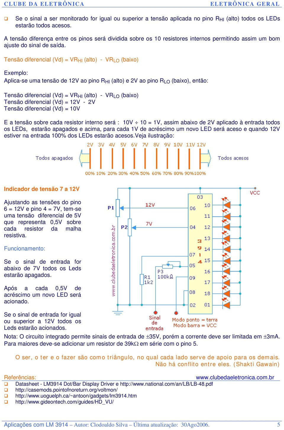 Tensão diferencial (Vd) = VR HI (alto) - VR LO (baixo) Exemplo: Aplica-se uma tensão de 12V ao pino R HI (alto) e 2V ao pino R LO (baixo), então: Tensão diferencial (Vd) = VR HI (alto) - VR LO