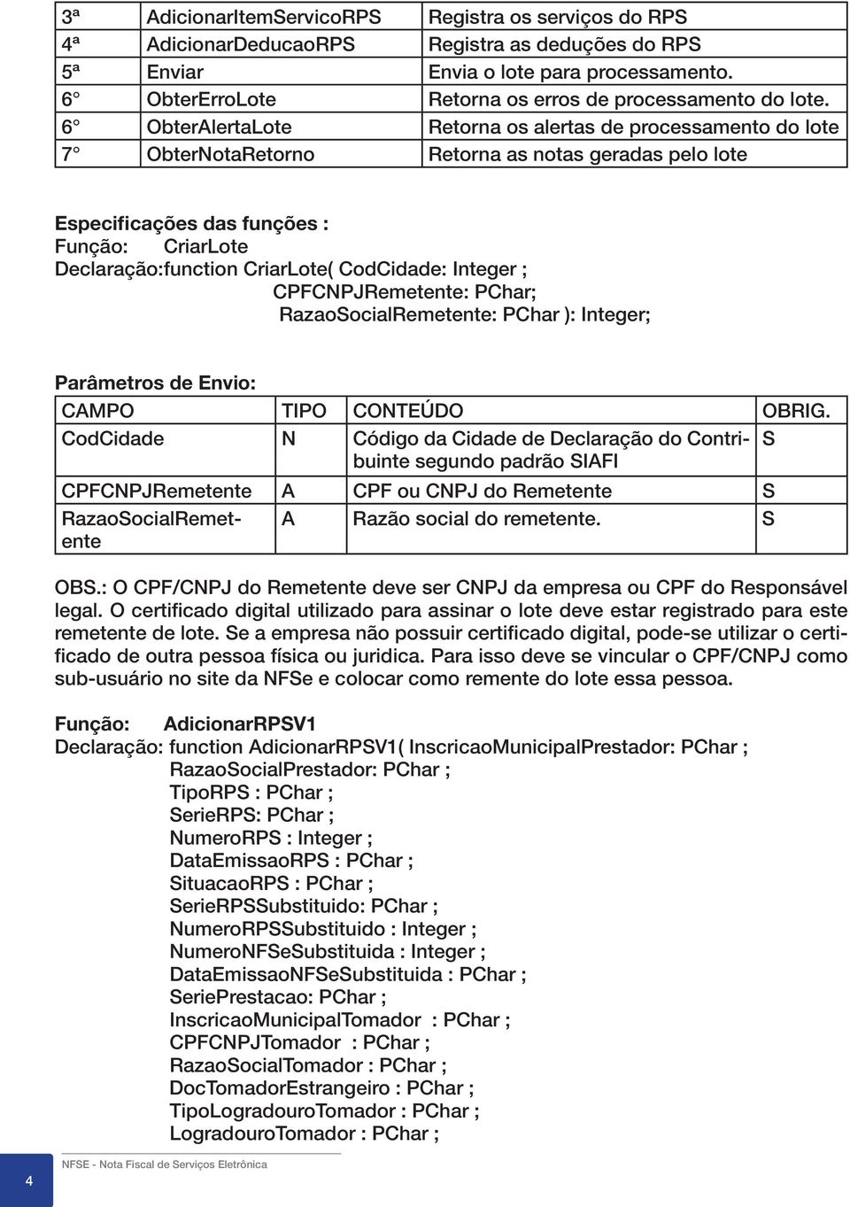 6 ObterAlertaLote Retorna os alertas de processamento do lote 7 ObterotaRetorno Retorna as notas geradas pelo lote Especificações das funções : Função: CriarLote Declaração: function CriarLote(