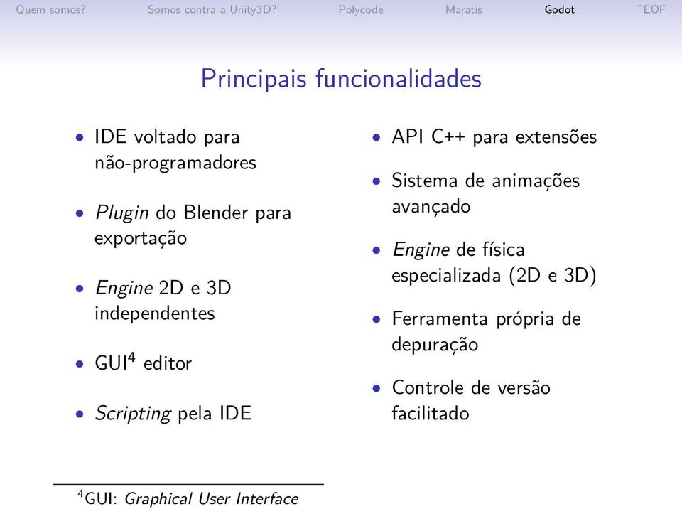 extensões Sistema de animações avançado Engine de física especializada (2D e 3D)