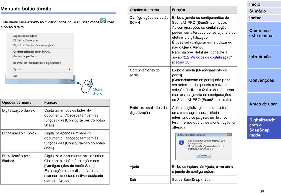 2 Métodos de digitalização" (página 23). Opções de menu Digitalização duplex Digitalização símplex Função Clique direito Digitaliza ambos os lados do documento.