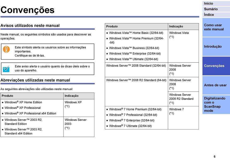 Indicação Windows Vista (*1) Este aviso alerta o usuário quanto às dicas úteis sobre o uso do aparelho.