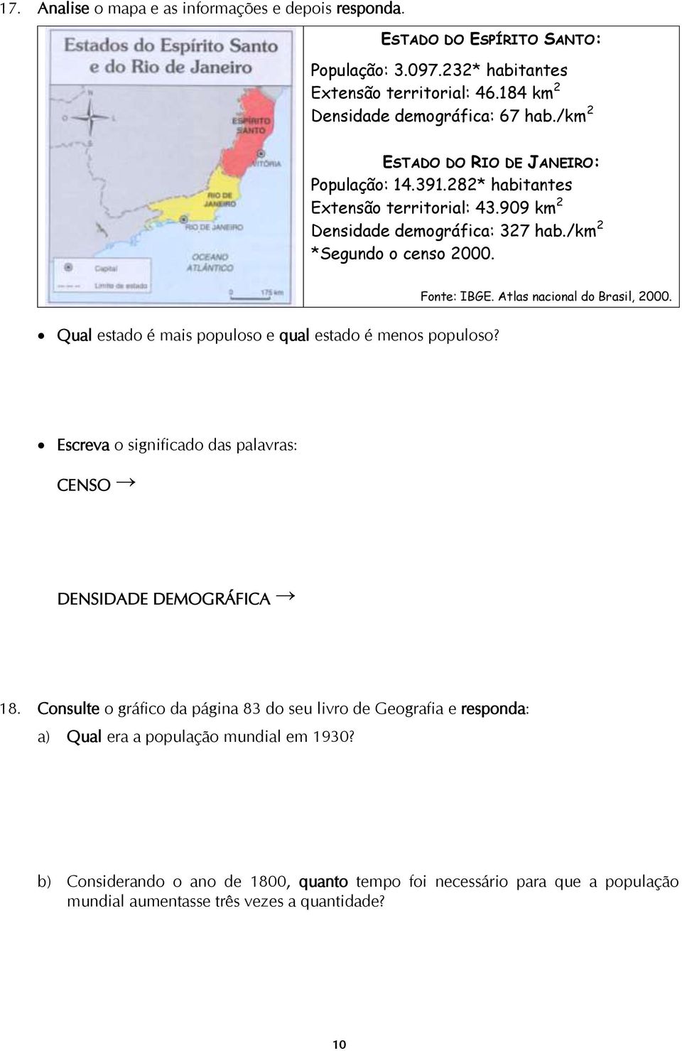 Atlas nacional do Brasil, 2000. Qual estado é mais populoso e qual estado é menos populoso? Escreva o significado das palavras: CENSO DENSIDADE DEMOGRÁFICA 18.