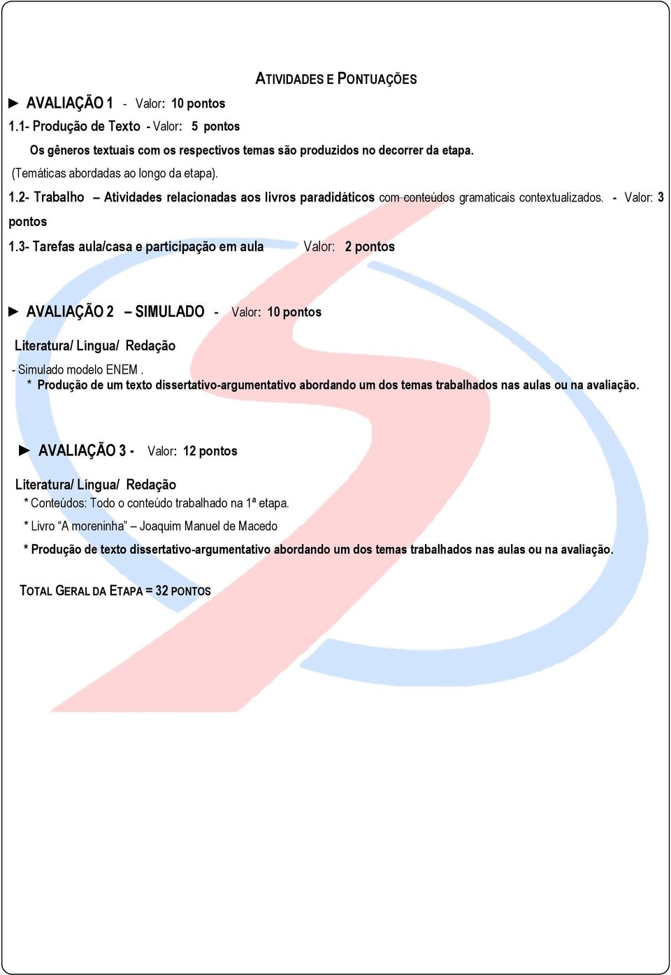 3- Tarefas aula/casa e participação em aula Valor: 2 pontos AVALIAÇÃO 2 SIMULADO - Valor: 10 pontos Literatura/ Língua/ Redação - Simulado modelo ENEM.