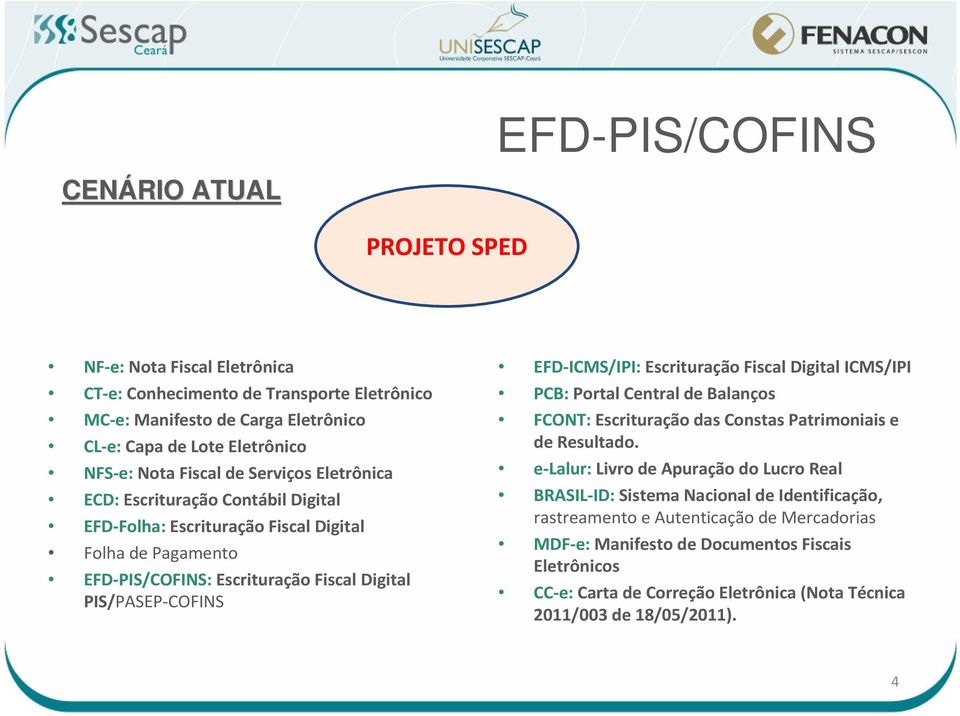 EFD-ICMS/IPI: Escrituração Fiscal Digital ICMS/IPI PCB: Portal Central de Balanços FCONT: Escrituração das Constas Patrimoniais e de Resultado.
