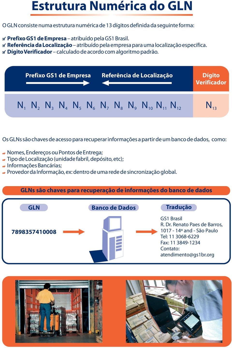 Prefixo GS1 de Empresa Referência de Localização Dígito Verificador N 1 N 2 N 3 N 4 N 5 N 6 N 7 N 8 N 9 N 10 N 11 N 12 N 13 Os GLNs são chaves de acesso para recuperar informações a partir de um