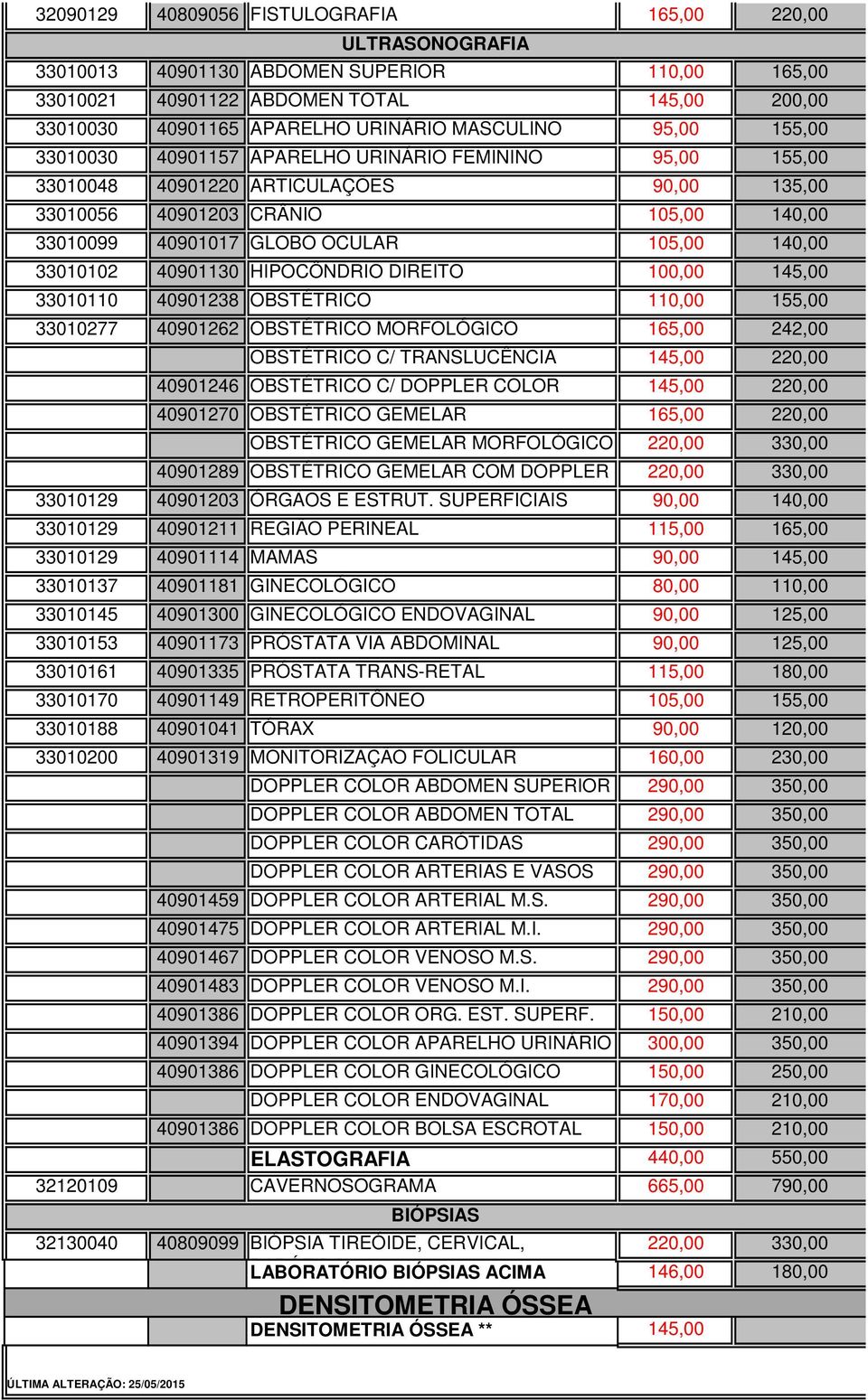 105,00 140,00 33010102 40901130 HIPOCÔNDRIO DIREITO 100,00 145,00 33010110 40901238 OBSTÉTRICO 110,00 155,00 33010277 40901262 OBSTÉTRICO MORFOLÓGICO 165,00 242,00 OBSTÉTRICO C/ TRANSLUCÊNCIA 145,00