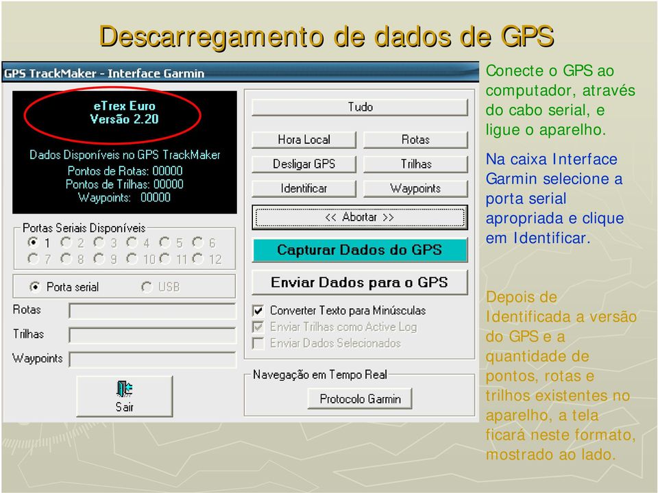 Na caixa Interface Garmin selecione a porta serial apropriada e clique em Identificar.