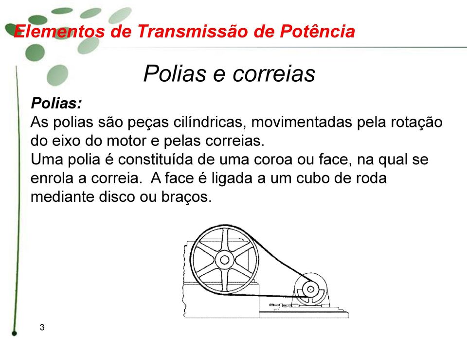 Uma polia é constituída de uma coroa ou face, na qual se enrola