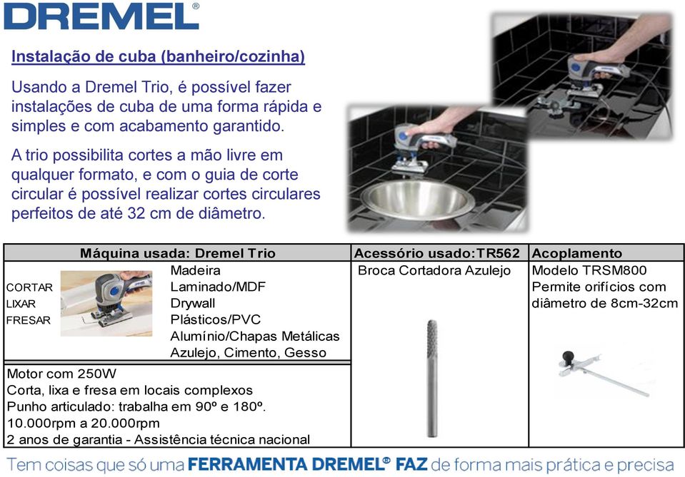 Máquina usada: Dremel Trio Acessório usado:tr562 Acoplamento Madeira Broca Cortadora Azulejo Modelo TRSM800 CORTAR Laminado/MDF Permite orifícios com LIXAR Drywall diâmetro de