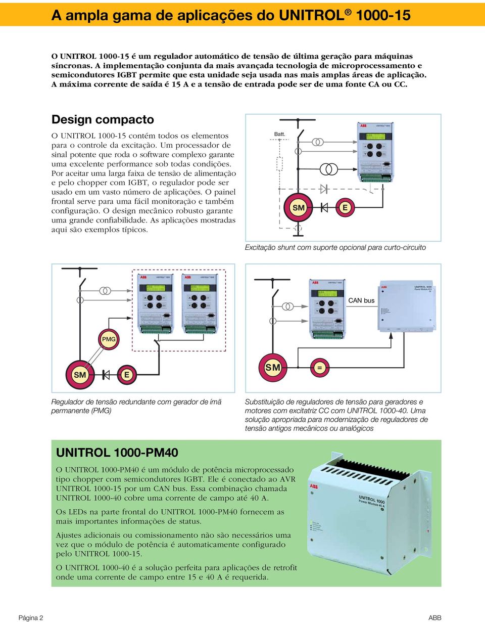 A máxima corrente de saída é 15 A e a tensão de entrada pode ser de uma fonte CA ou CC. Design compacto O UNITROL 1000-15 contém todos os elementos para o controle da excitação.