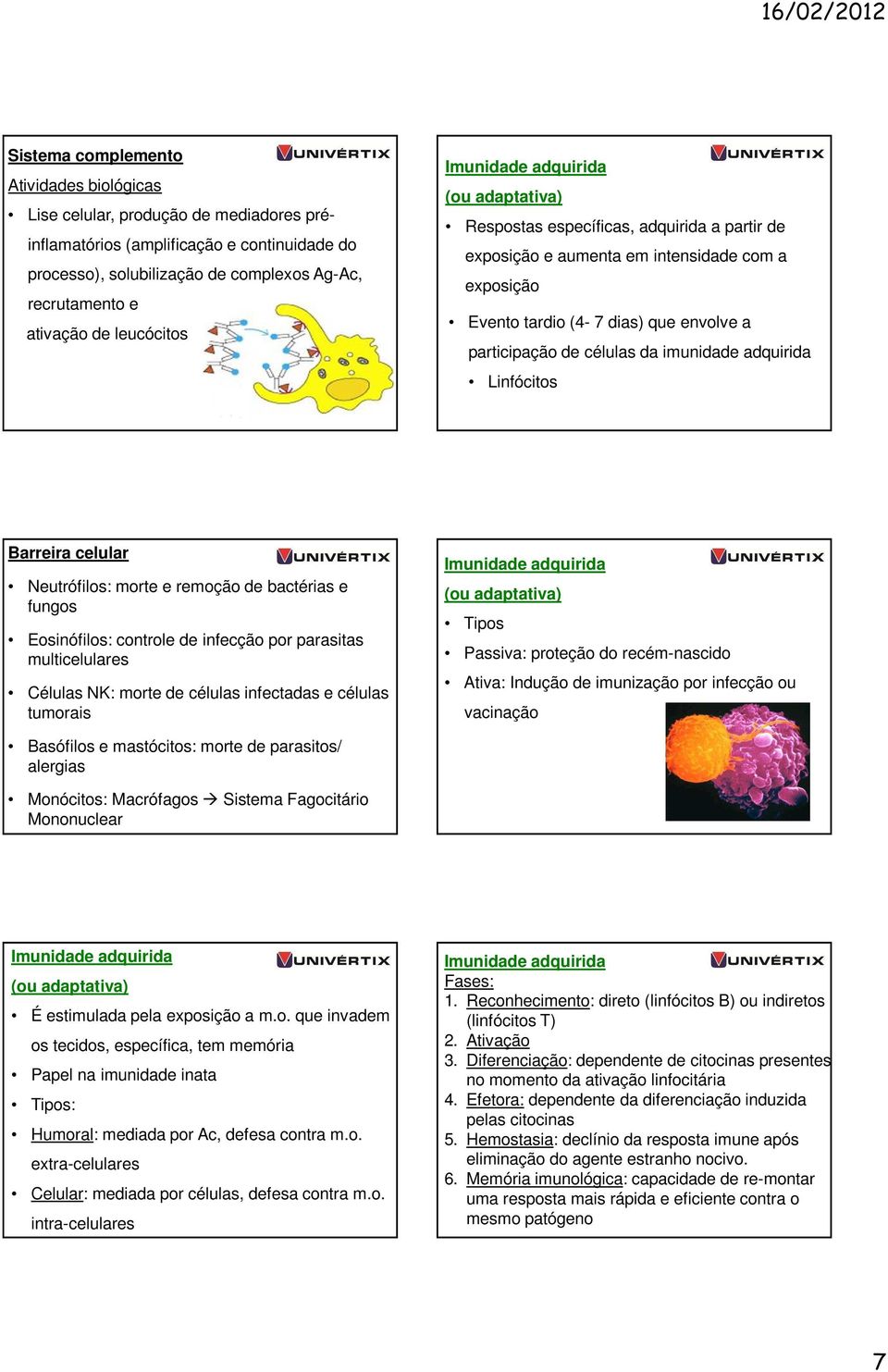 células da imunidade adquirida Linfócitos Barreira celular Neutrófilos: morte e remoção de bactérias e fungos Eosinófilos: controle de infecção por parasitas multicelulares Células NK: morte de