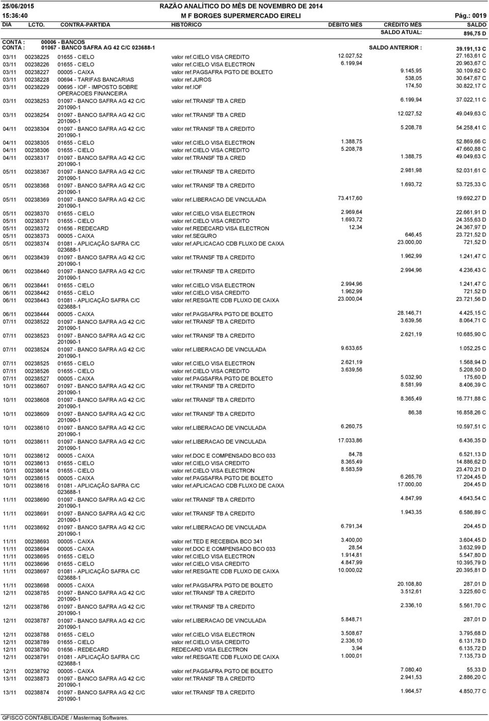 109,62 C 03/11 00238228 00694 - TARIFAS BANCARIAS valor ref.juros 538,05 30.647,67 C 03/11 00238229 00695 - IOF - IMPOSTO SOBRE valor ref.iof 174,50 30.
