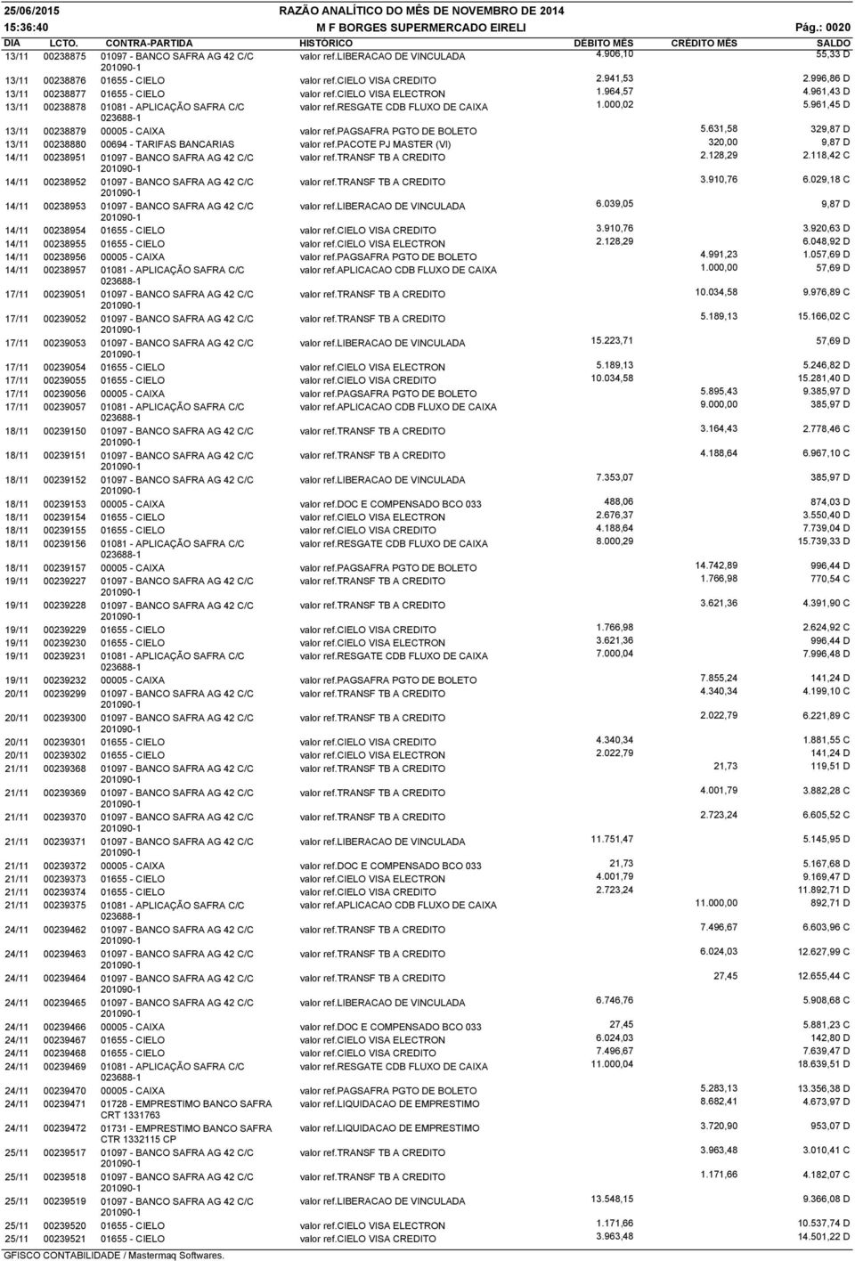 961,45 D 13/11 00238879 00005 - CAIXA valor ref.pagsafra PGTO DE BOLETO 5.631,58 329,87 D 13/11 00238880 00694 - TARIFAS BANCARIAS valor ref.
