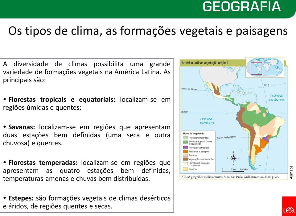 As principais são: Florestas tropicais e equatoriais: localizam-se em regiões úmidas e quentes; Savanas: localizam-se em regiões que apresentam duas