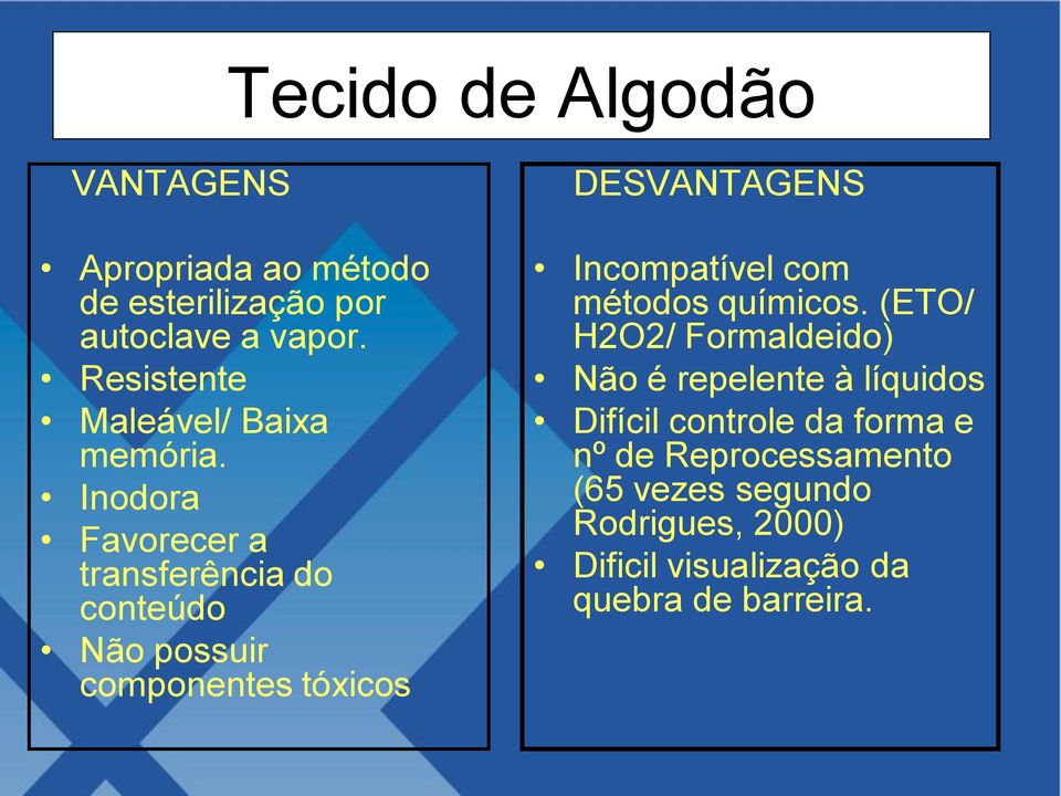 Inodora Favorecer a transferência do conteúdo Não possuir componentes tóxicos DESVANTAGENS Incompatível com