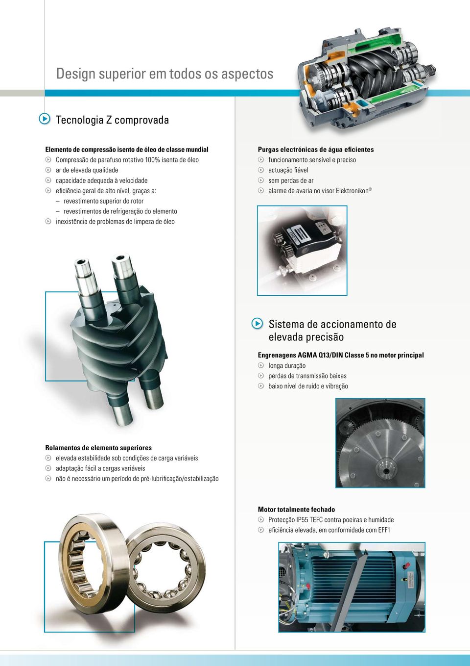 no visor Elektronikon revestimento superior do rotor revestimentos de refrigeração do elemento inexistência de problemas de limpeza de óleo Sistema de accionamento de elevada precisão Engrenagens