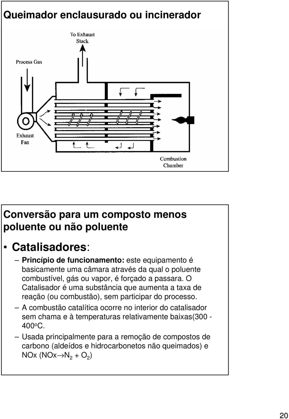 O Catalisador é uma substância que aumenta a taxa de reação (ou combustão), sem participar do processo.