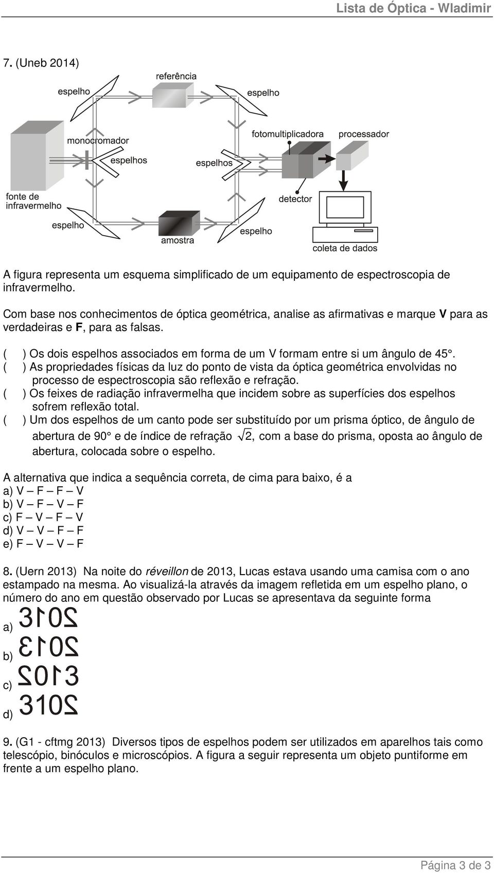 ( ) Os dois espelhos associados em forma de um V formam entre si um ângulo de 45.