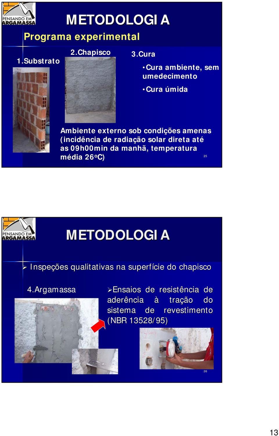 radiação solar direta até as 09h00min da manhã, temperatura 25 média 26 o C) METODOLOGIA Inspeções