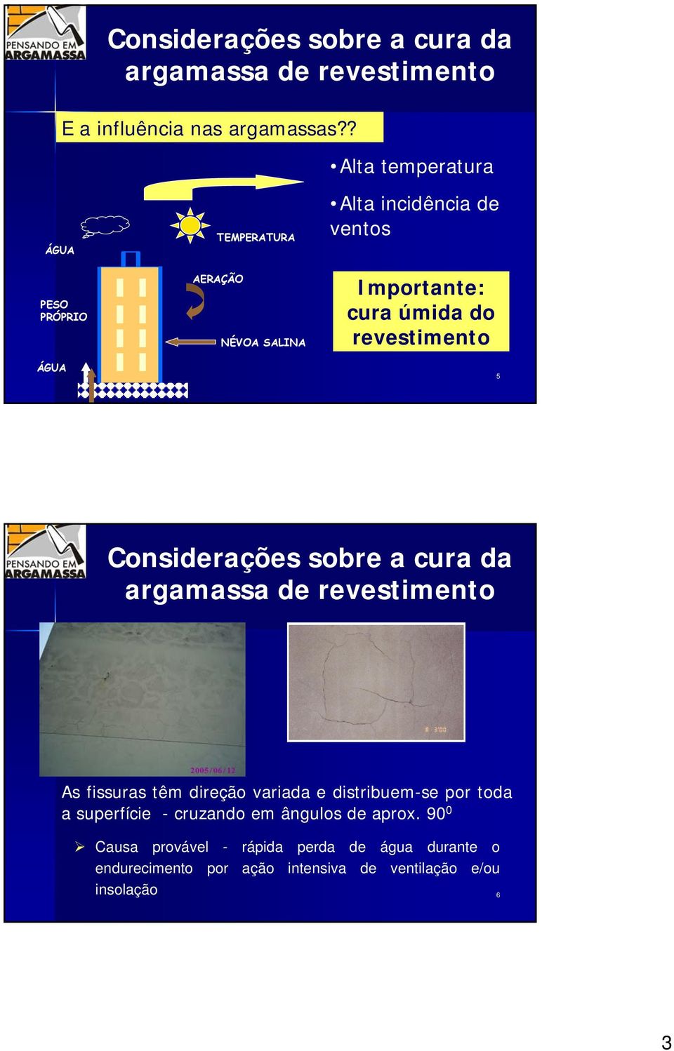 revestimento ÁGUA 5 Considerações sobre a cura da argamassa de revestimento As fissuras têm direção variada e distribuem-se