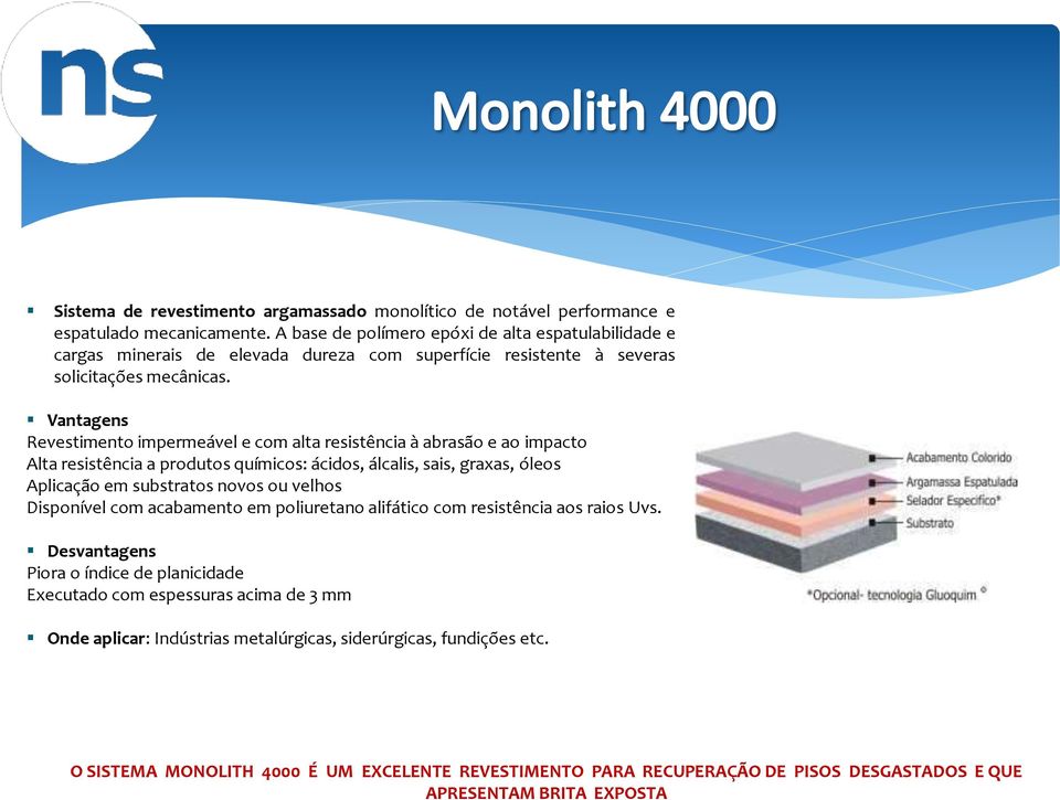 Vantagens Revestimento impermeável e com alta resistência à abrasão e ao impacto Alta resistência a produtos químicos: ácidos, álcalis, sais, graxas, óleos Aplicação em substratos novos ou velhos