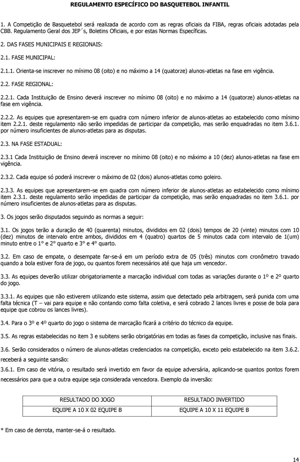 FASE MUNICIPAL: 2.1.1. Orienta-se inscrever no mínimo 08 (oito) e no máximo a 14 (quatorze) alunos-atletas na fase em vigência. 2.2. FASE REGIONAL: 2.2.1. Cada Instituição de Ensino deverá inscrever no mínimo 08 (oito) e no máximo a 14 (quatorze) alunos-atletas na fase em vigência.