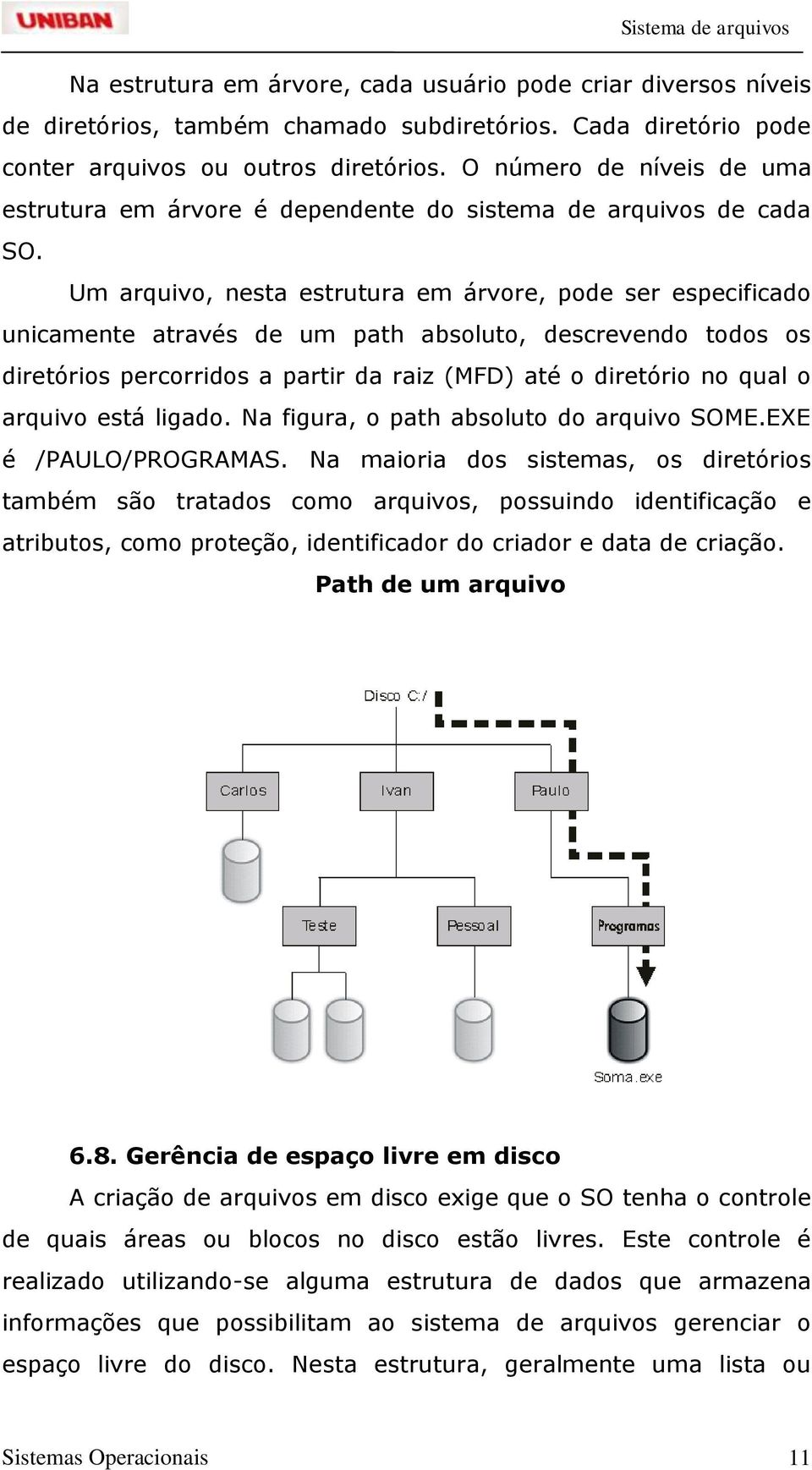 Um arquivo, nesta estrutura em árvore, pode ser especificado unicamente através de um path absoluto, descrevendo todos os diretórios percorridos a partir da raiz (MFD) até o diretório no qual o
