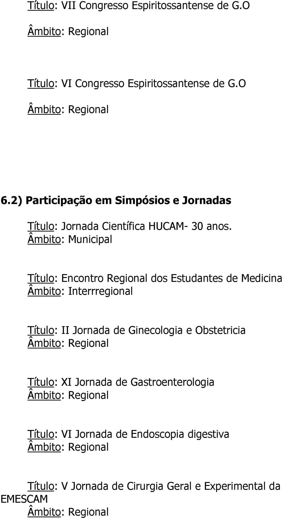 Âmbito: Municipal Título: Encontro Regional dos Estudantes de Medicina Âmbito: Interrregional Título: II Jornada de