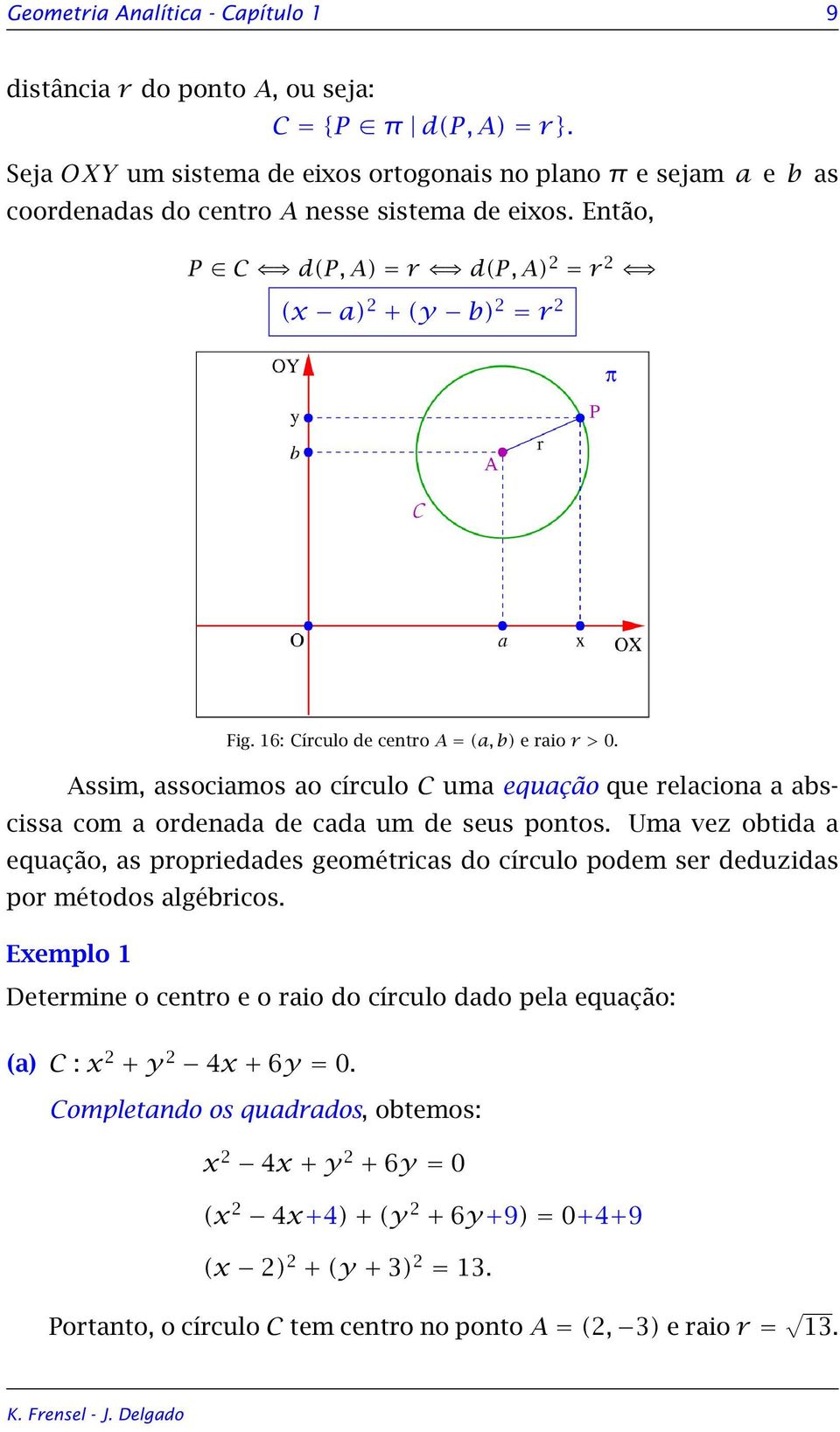 16: Círculo de centro A = (a, b) e raio r > 0. Assim, associamos ao círculo C uma equação que relaciona a abscissa com a ordenada de cada um de seus pontos.