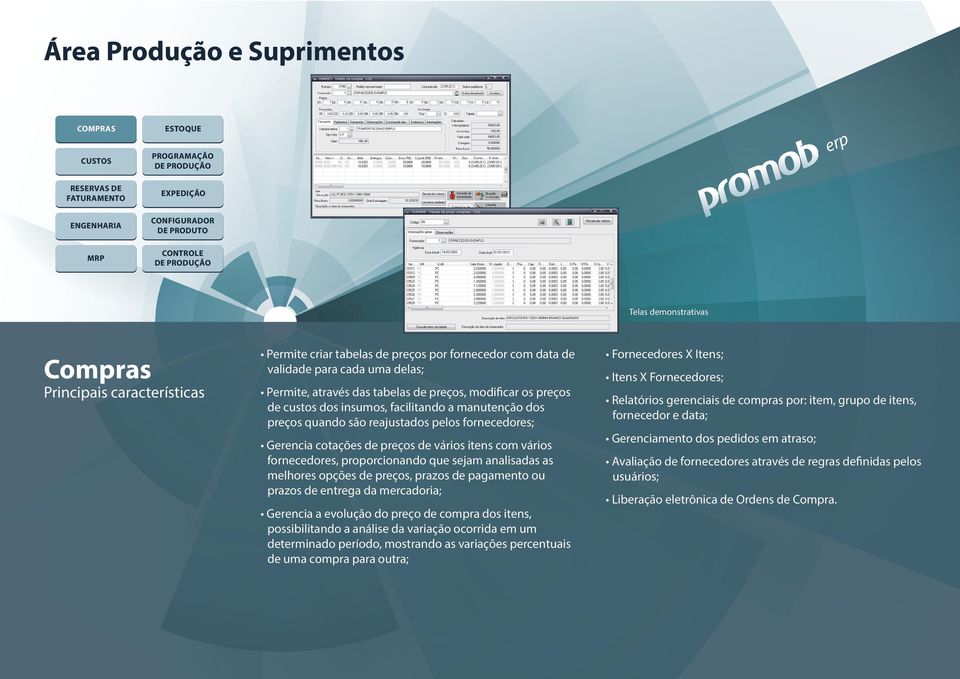 pelos fornecedores; Gerencia cotações de preços de vários itens com vários fornecedores, proporcionando que sejam analisadas as melhores opções de preços, prazos de pagamento ou prazos de entrega da