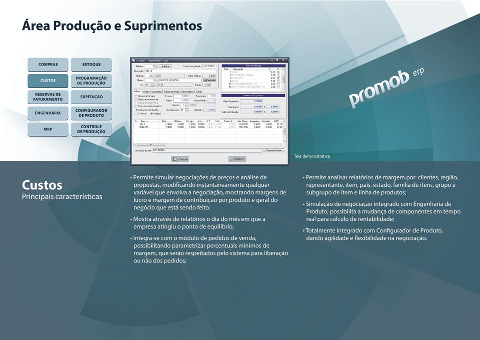 através de relatórios o dia do mês em que a empresa atingiu o ponto de equilíbrio; Integra-se com o módulo de pedidos de venda, possibilitando parametrizar percentuais mínimos de margem, que serão