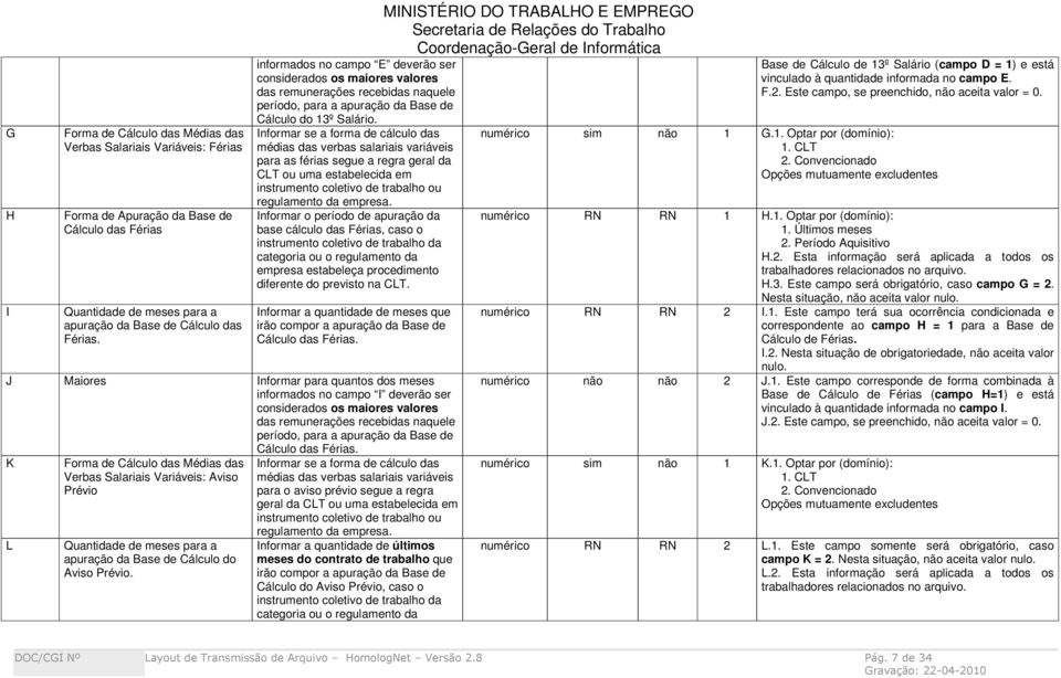 Informar se a forma de cálculo das médias das verbas salariais variáveis para as férias segue a regra geral da CLT ou uma estabelecida em instrumento coletivo de trabalho ou regulamento da empresa.