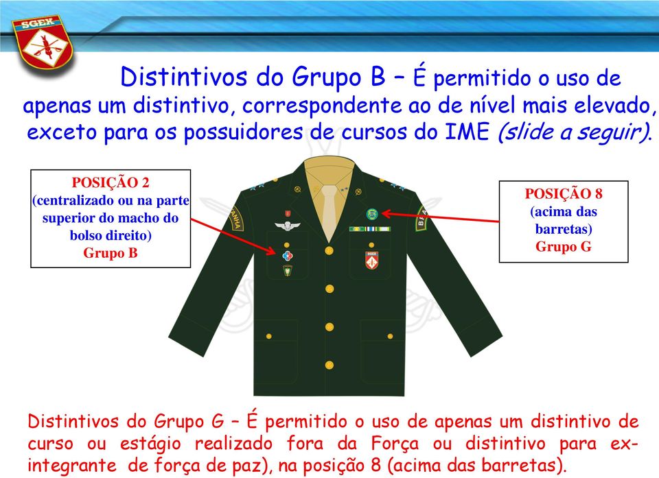 POSIÇÃO 2 (centralizado ou na parte superior do macho do bolso direito) Grupo B POSIÇÃO 8 (acima das barretas) Grupo G