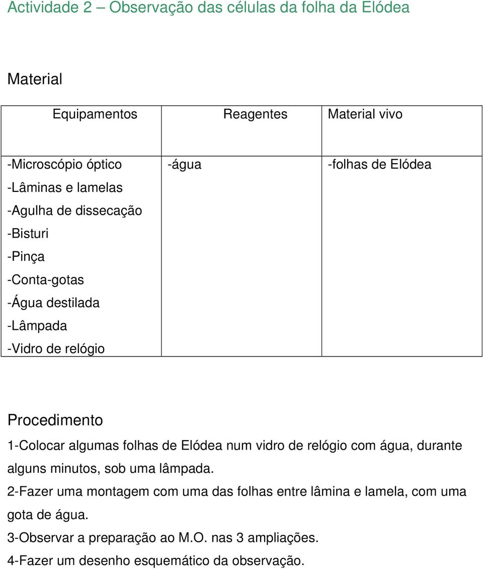 1-Colocar algumas folhas de Elódea num vidro de relógio com água, durante alguns minutos, sob uma lâmpada.