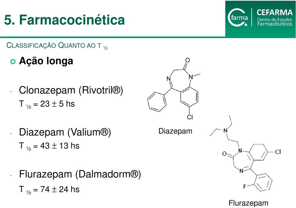 hs - Diazepam (Valium ) T ½ = 43 ± 13 hs Diazepam