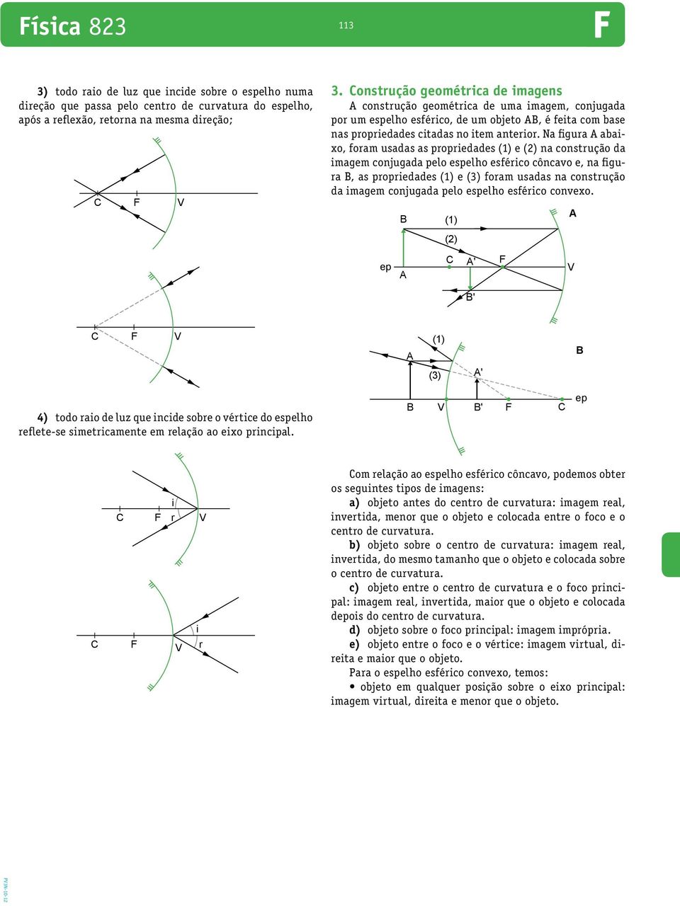 Na figura abaixo, foram usadas as propriedades (1) e (2) na construção da imagem conjugada pelo espelho esférico côncavo e, na figura, as propriedades (1) e (3) foram usadas na construção da imagem