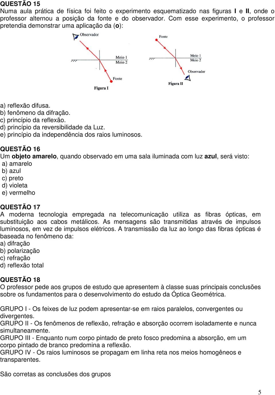 e) princípio da independência dos raios luminosos.