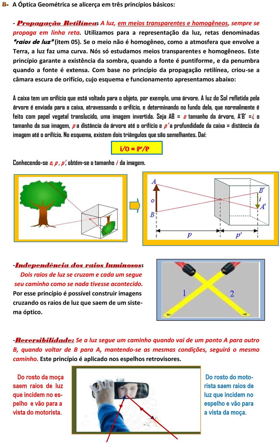 Nós só estudamos meios transparentes e homogêneos. Este princípio garante a existência da sombra, quando a fonte é puntiforme, e da penumbra quando a fonte é extensa.