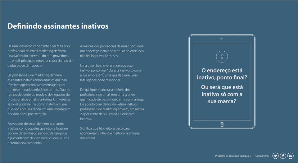 Quanto tempo depende do modelo de negócios do profissional de email marketing. Um varejista sazonal pode definir como inativo alguém que não abriu ou clicou em uma mensagem por dois anos, por exemplo.