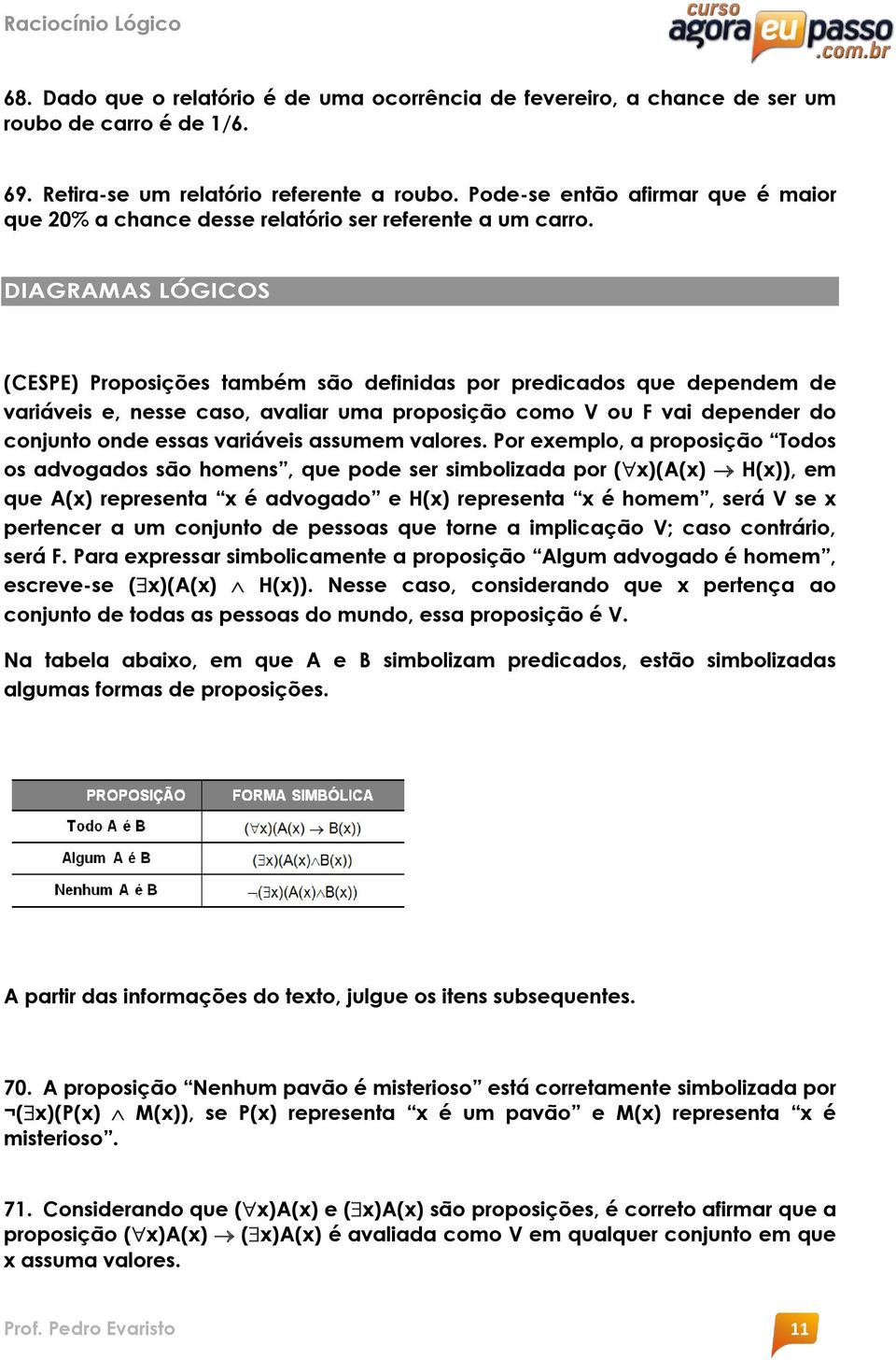 DIAGRAMAS LÓGICOS (CESPE) Proposições também são definidas por predicados que dependem de variáveis e, nesse caso, avaliar uma proposição como V ou F vai depender do conjunto onde essas variáveis