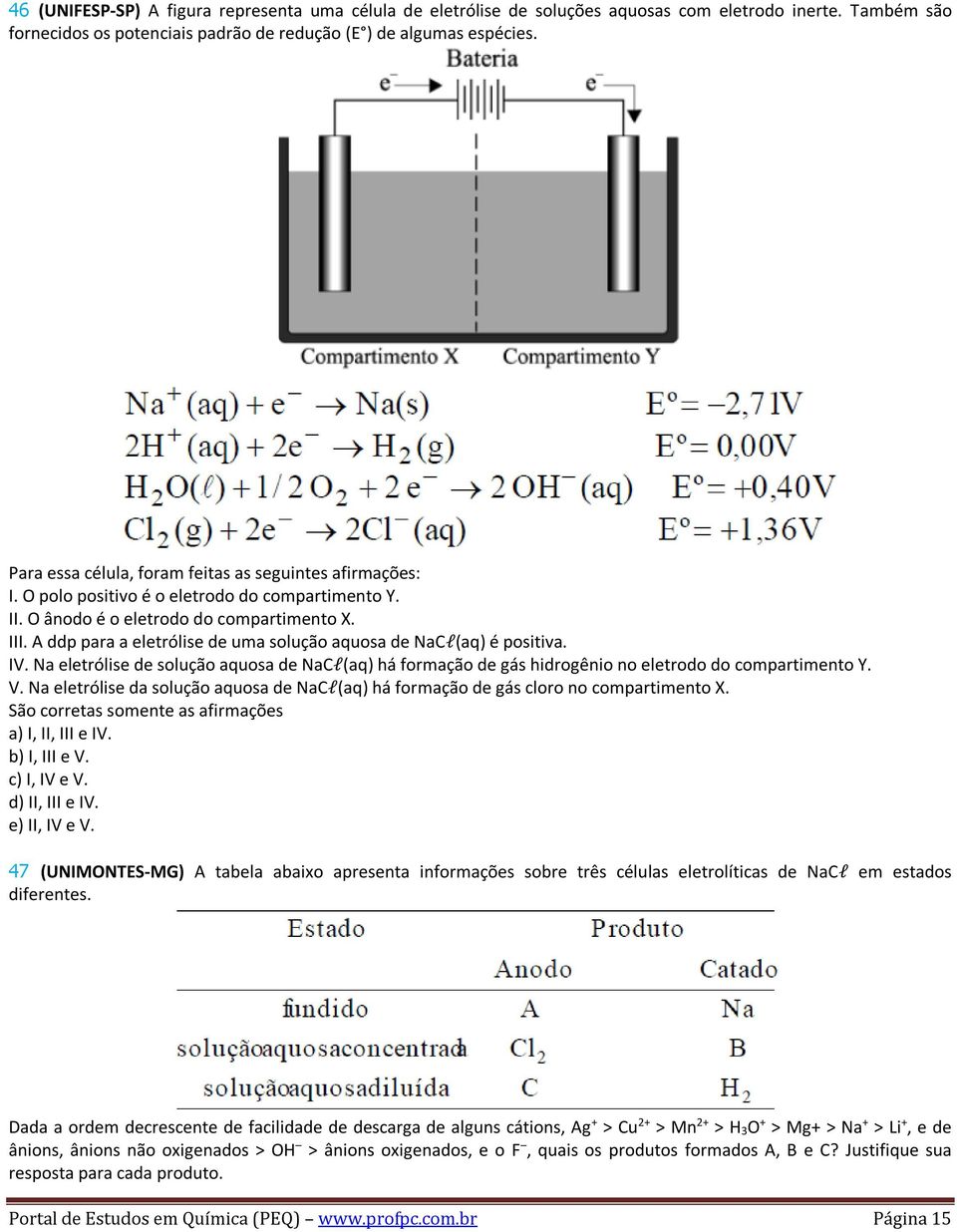 A ddp para a eletrólise de uma solução aquosa de NaCl(aq) é positiva. IV. Na eletrólise de solução aquosa de NaCl(aq) há formação de gás hidrogênio no eletrodo do compartimento Y. V.