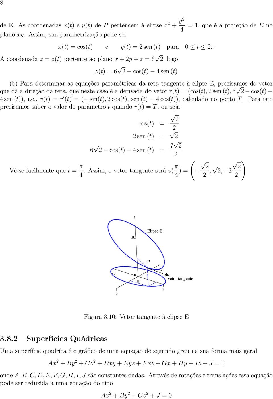 Para determinar as equações paramétricas da reta tangente à elipse E, precisamos do vetor que dá a direção da reta, que neste caso é a derivada do vetor r(t) = (cos(t), sen (t), 6 cos(t) 4 sen (t)),