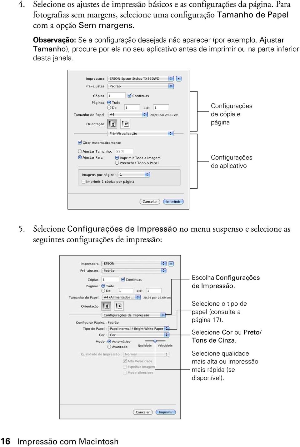 Configurações de cópia e página Configurações do aplicativo 5.